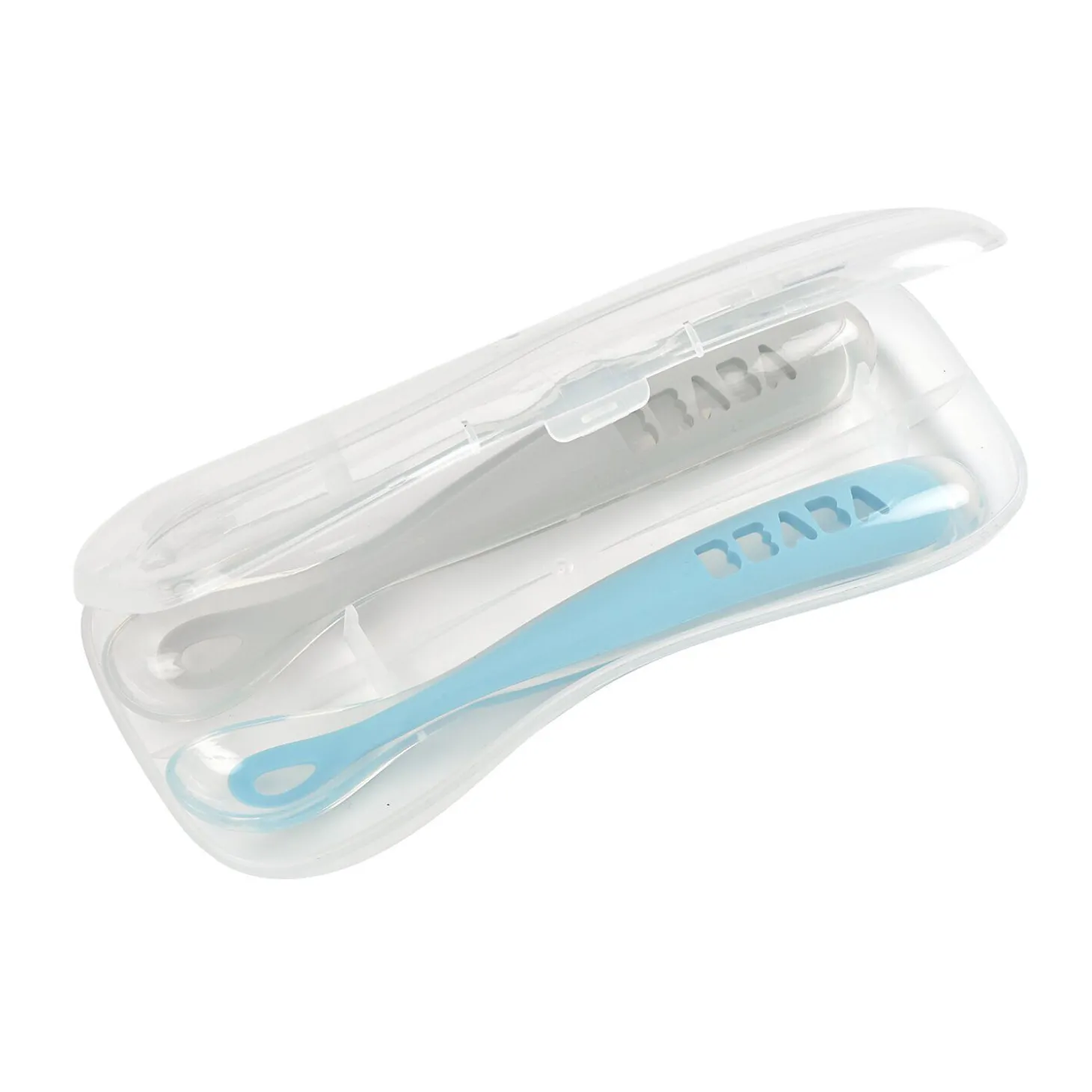 Lot 2 cuillères 1er âge silicone avec boite de transport Bleu/Gris