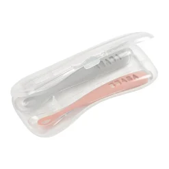 Lot 2 cuillères 1er âge silicone avec boite de transport Rose/Gris