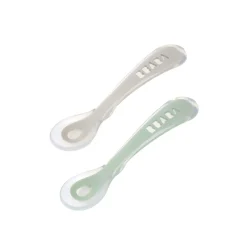 Lot 2 cuillères 2ème âge silicone avec boite de transport Vert sauge/Gris velours