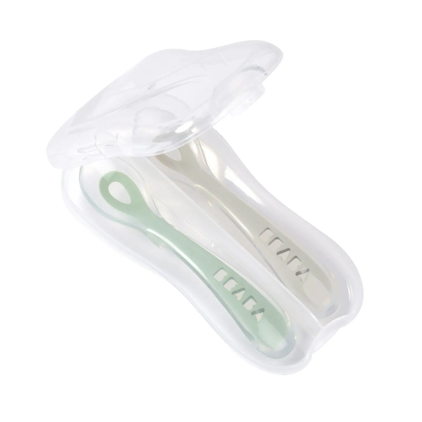 Lot 2 cuillères 2ème âge silicone avec boite de transport Vert sauge/Gris velours