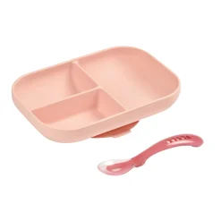 Set repas Silicone - Assiette compartimentée et cuillère 2ème âge Rose
