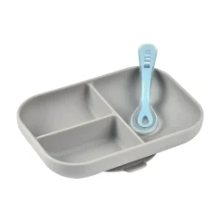 Set repas Silicone - Assiette compartimentée et cuillère 2ème âge Gris